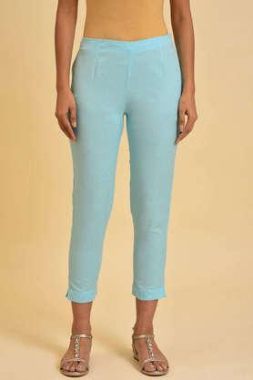 solid regular fit cotton blend women's casual wear pant - blue