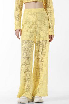 solid regular fit cotton blend women's casual wear pants - yellow