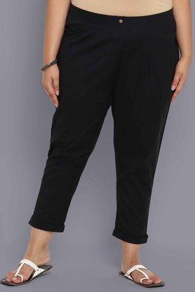 solid regular fit cotton flex womens casual trousers - black