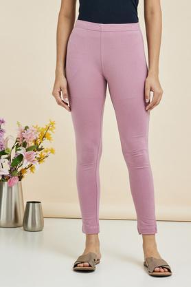 solid regular fit cotton lycra womens casual wear pants - dusty pink