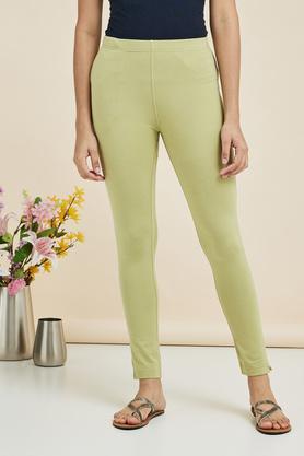 solid regular fit cotton lycra womens casual wear pants - sage