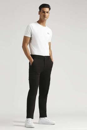 solid regular fit cotton men's casual wear trousers - black