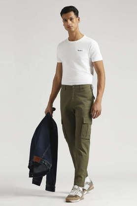 solid regular fit cotton men's casual wear trousers - green