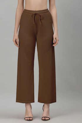 solid regular fit cotton women's casual wear pant - brown