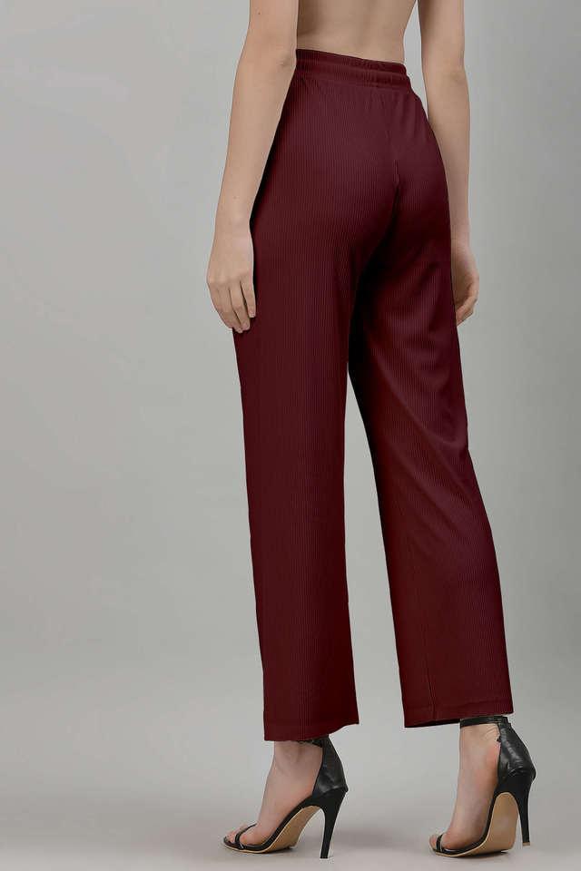 solid regular fit cotton women's casual wear pant - burgundy