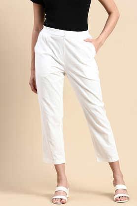 solid regular fit cotton women's casual wear pant - natural