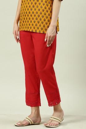 solid regular fit cotton women's casual wear pant - red