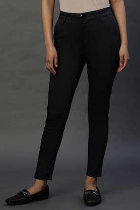 solid regular fit cotton women's casual wear pants - black