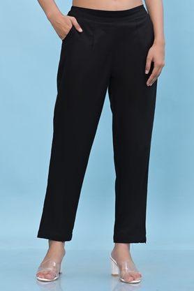 solid regular fit cotton women's casual wear pants - black