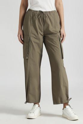 solid regular fit cotton women's casual wear pants - brown