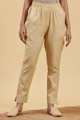 solid regular fit cotton women's casual wear pants - cream