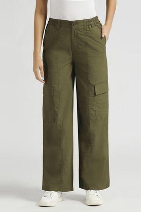 solid regular fit cotton women's casual wear pants - green