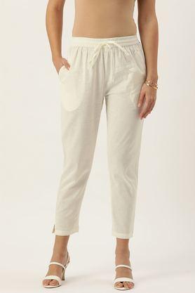 solid regular fit cotton women's casual wear pants - ivory