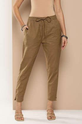 solid regular fit cotton women's casual wear pants - khaki
