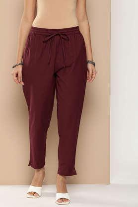 solid regular fit cotton women's casual wear pants - maroon