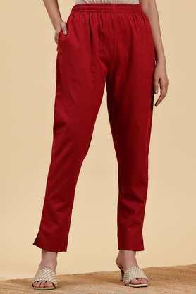 solid regular fit cotton women's casual wear pants - maroon