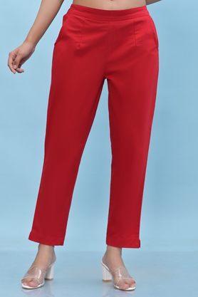 solid regular fit cotton women's casual wear pants - red