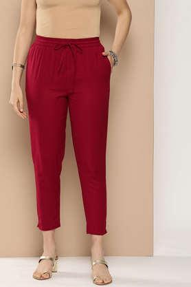 solid regular fit cotton women's casual wear pants - red