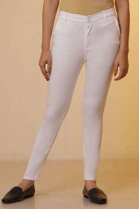 solid regular fit cotton women's casual wear pants - white