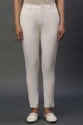 solid regular fit cotton women's casual wear pants - white