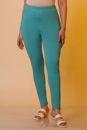 solid regular fit cotton women's casual wear tights - green