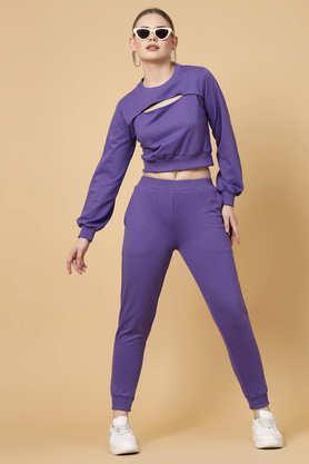 solid regular fit cotton women's casual wear tracksuit - purple