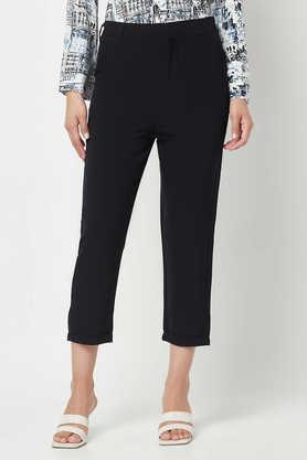 solid regular fit cotton women's casual wear trouser - black