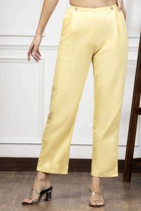 solid regular fit cotton women's casual wear trouser - yellow