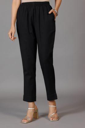 solid regular fit cotton women's casual wear trousers - black