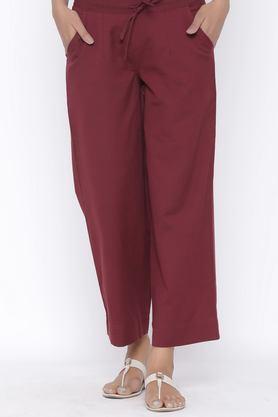 solid regular fit cotton women's casual wear trousers - maroon