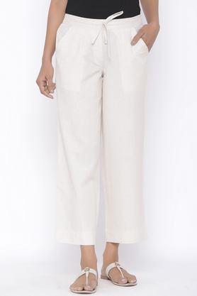 solid regular fit cotton women's casual wear trousers - natural