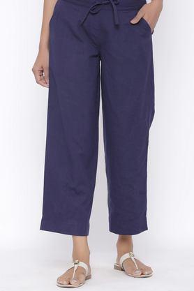 solid regular fit cotton women's casual wear trousers - navy