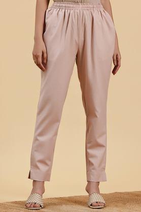 solid regular fit cotton women's casual wear trousers - peach