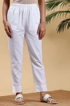 solid regular fit cotton women's casual wear trousers - white