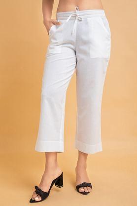 solid regular fit cotton women's casual wear trousers - white