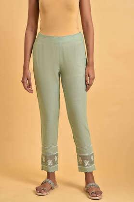 solid regular fit cotton women's festive wear pant - green