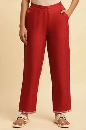 solid regular fit cotton women's festive wear pants - red