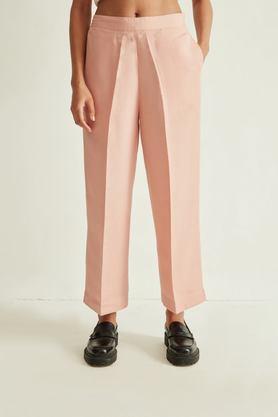 solid regular fit cotton women's formal wear trousers - peach
