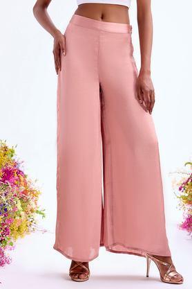 solid regular fit cotton women's party wear trousers - pink