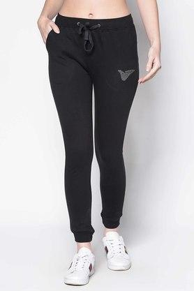solid regular fit cotton womens casual track pants - black