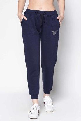 solid regular fit cotton womens casual track pants - navy