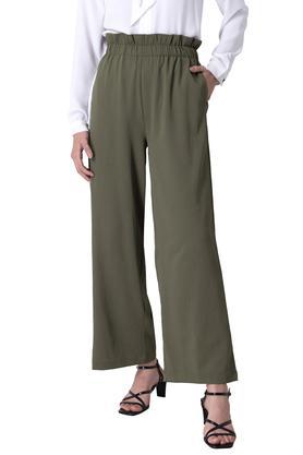 solid regular fit crepe women's casual pants - green