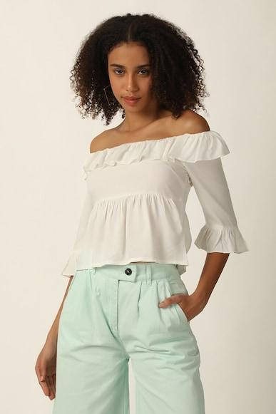 solid regular fit cropped off-shoulder tops