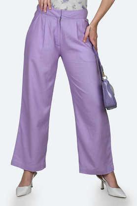 solid regular fit linen blend women's casual wear pants - purple
