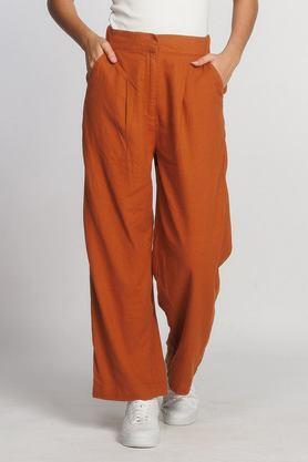 solid regular fit linen women's casual wear pants - brown