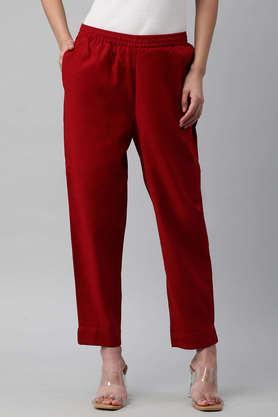 solid regular fit linen women's casual wear pants - maroon