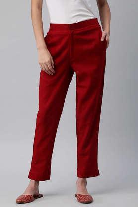 solid regular fit linen women's casual wear pants - maroon