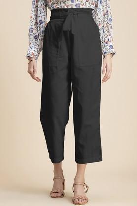 solid regular fit linen women's casual wear trouser - black