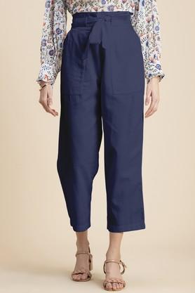 solid regular fit linen women's casual wear trouser - blue
