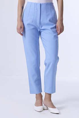 solid regular fit mesh women's formal wear pant - blue